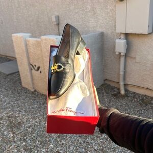 Salvatore Ferragamo Black Leather Loafers with Gold Accent